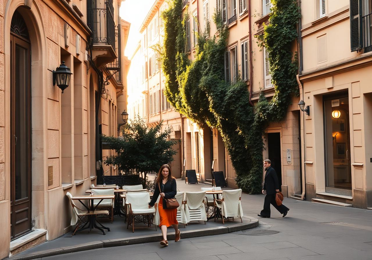 A quiet European street at dawn with a small café terrace and the silhouette of a traveller walking by