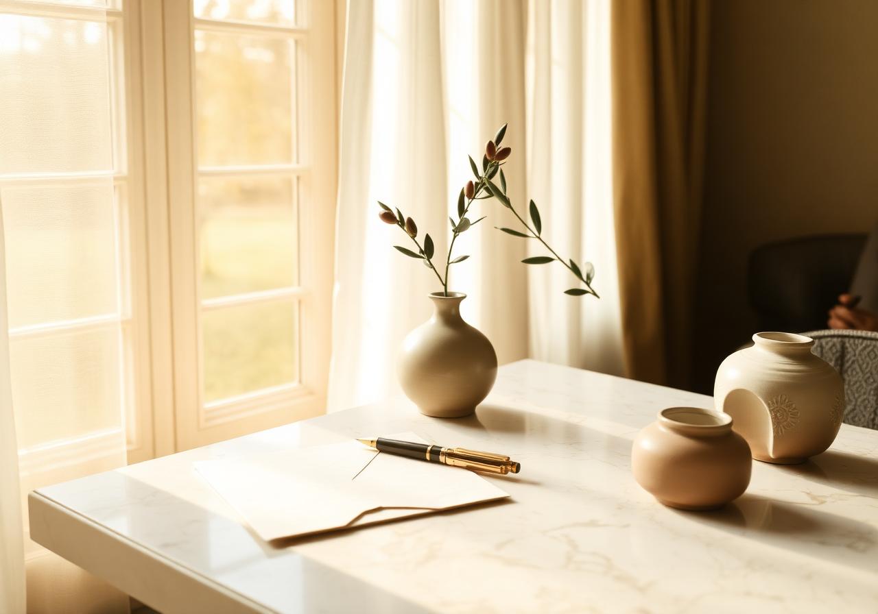 A travertine writing desk with a linen envelope, fountain pen, and an olive branch in soft window light
