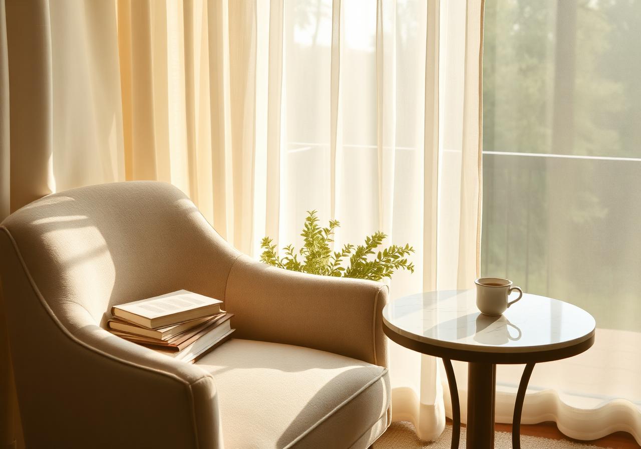 A serene reading nook with a soft bouclé armchair, a stack of linen-bound books, and morning light through sheer curtains