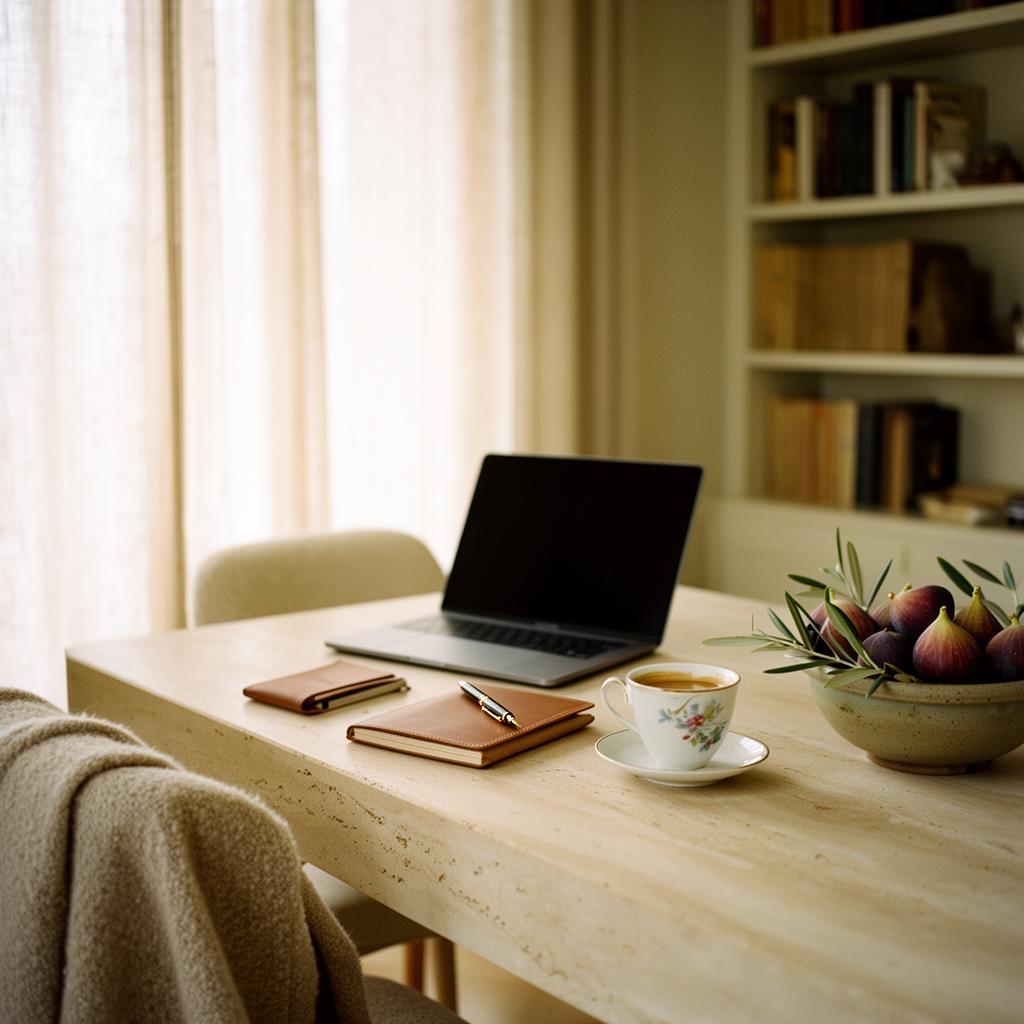 A calm sunlit writing desk, open laptop, leather notebook and espresso in soft Tuscan light, the unhurried side of modern work