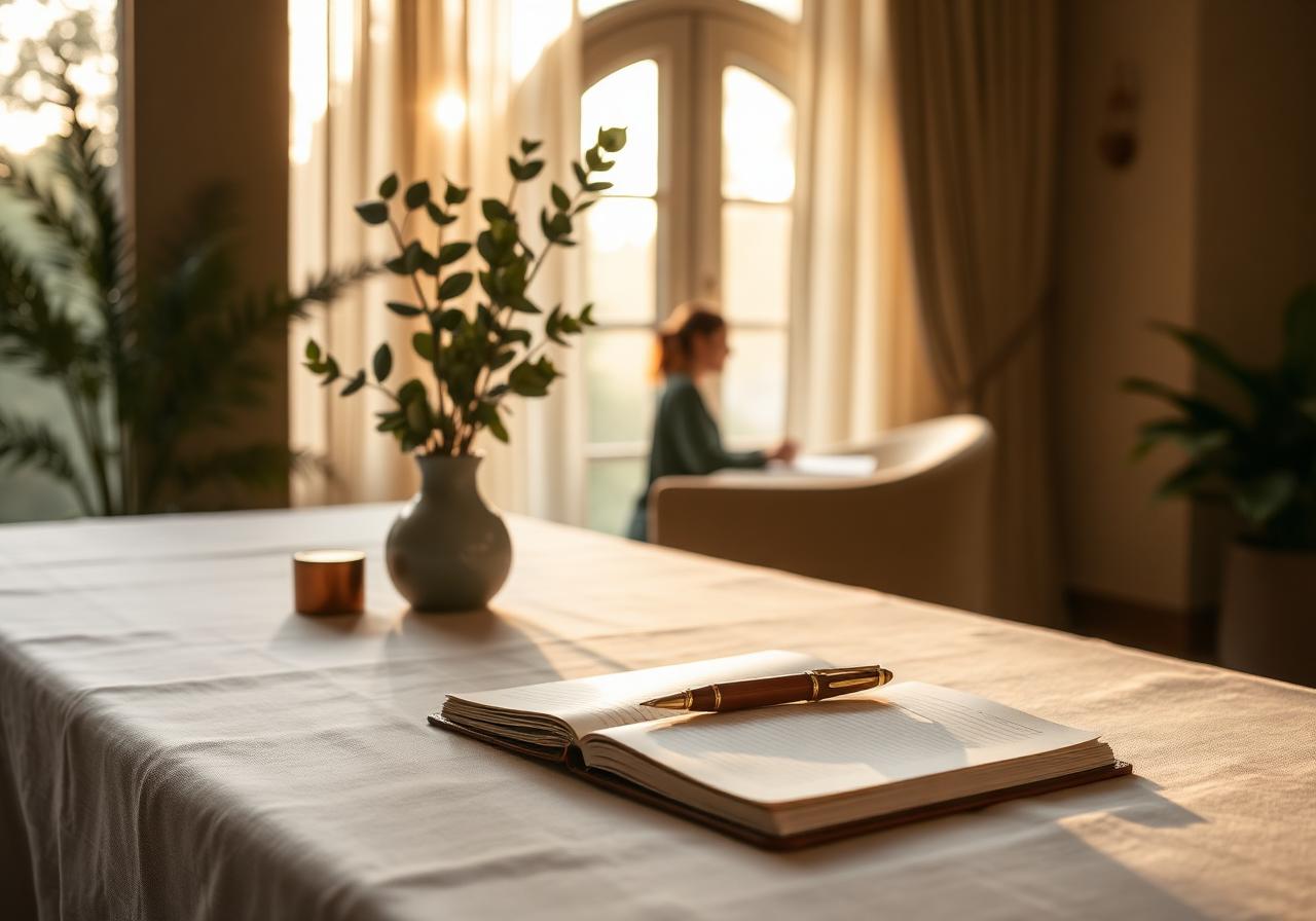 A calm linen-draped desk in golden hour light with an open notebook and the soft silhouette of a person working by an arched window