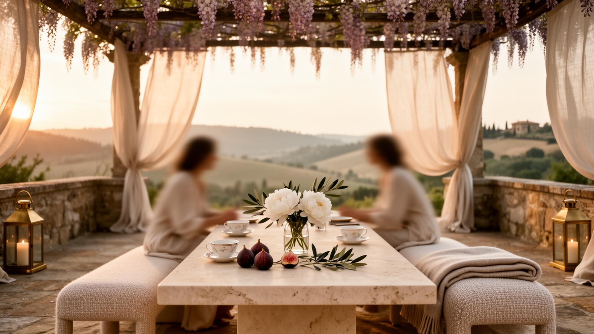 A wisteria-draped stone terrace at golden hour with two softly blurred silhouettes sharing tea over a quiet Tuscan view