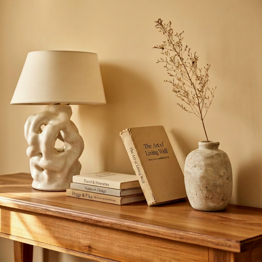 A quiet still life — lamp, books, and a stone vase on a warm oak console